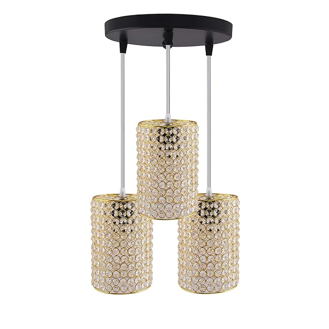 3-Lights Round Golden Cluster Chandelier Crystal Golden Barrel Hanging Light, E27 Holder, Decorative, URBAN Retro, Nordic Style, LED/Filament Bulb
