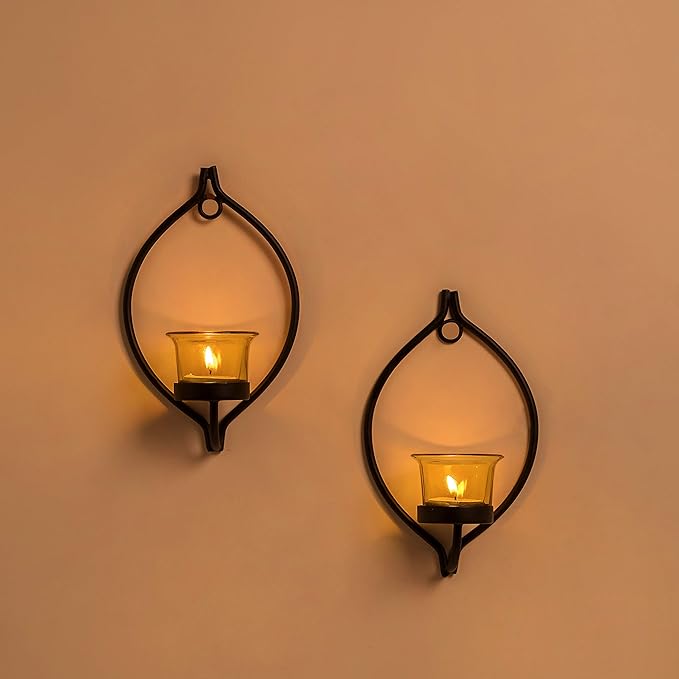 Set of 2 Decorative Black Eye Wall Sconce/Candle Holder With Glass and Free T-light Candles