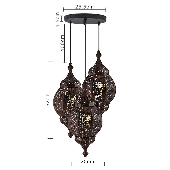 3-Lights Round Cluster Chandelier Ceiling Antique Classic Moroccan Orb Hanging Light with Braided Cord, URBAN Retro