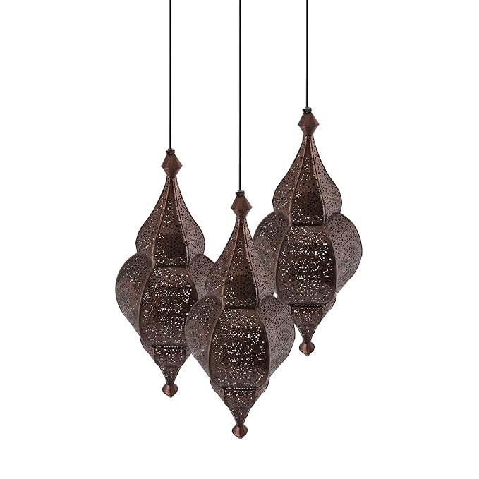 3-Lights Round Cluster Chandelier Ceiling Antique Classic Moroccan Nargis Hanging Pendant Light with Braided Cord, URBAN Retro, Nordic Style, LED/Filament Bulb