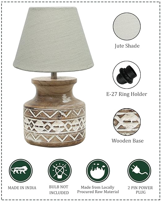 Wood Table Lamp, Modern Base Fabric Lampshade for Home Office Cafe Restaurant, Carved Pot, White Jute