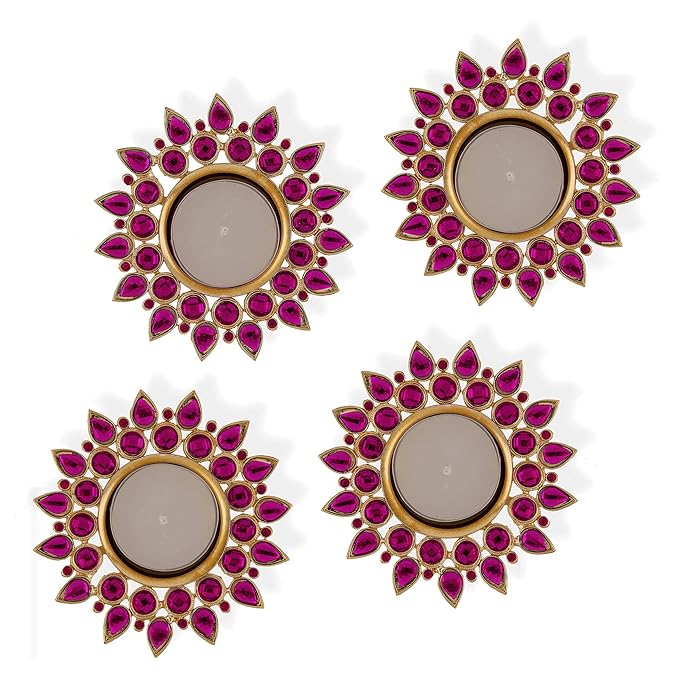 Crystal Diya with T-Light- Set of Four silver plates, candle holder stand with free candle