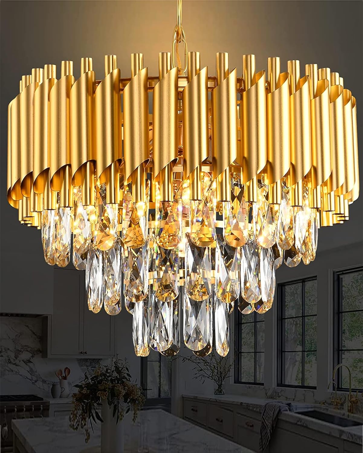 15" 5-Light Modern Crystal Chandelier Light Fixtures 3-Tier Gold Luxury Chandeliers for Dining Room Round Hanging Pendant Lighting for Living Room Kitchen Entryway, Bedroom Hallway 400mm