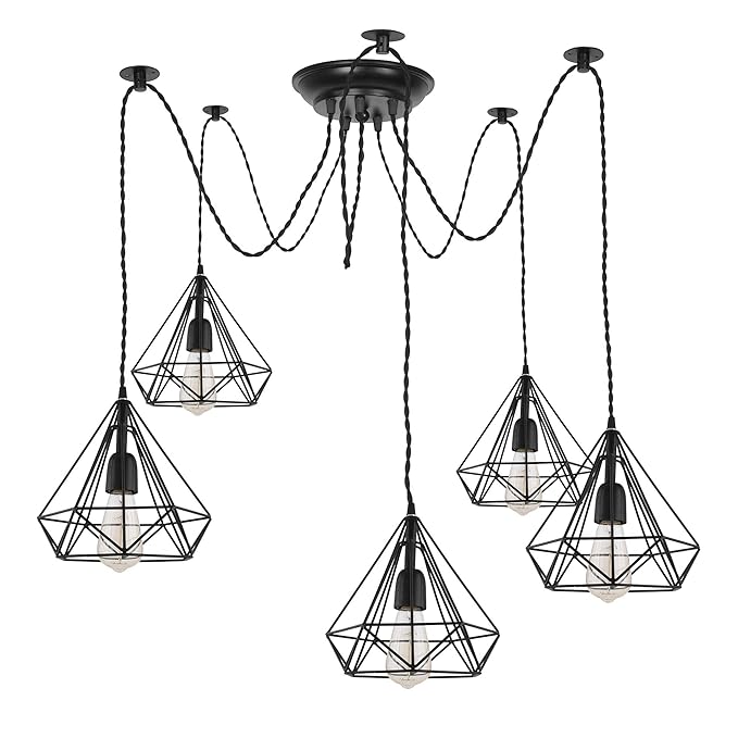 Spider Chandelier Diamond Lamp, Vintage Edison Style E 27 Adjustable DIY Ceiling Pendant Light, E27 Rustic Cluster Hanging Light(1.25 M, Black Twisted Wire)