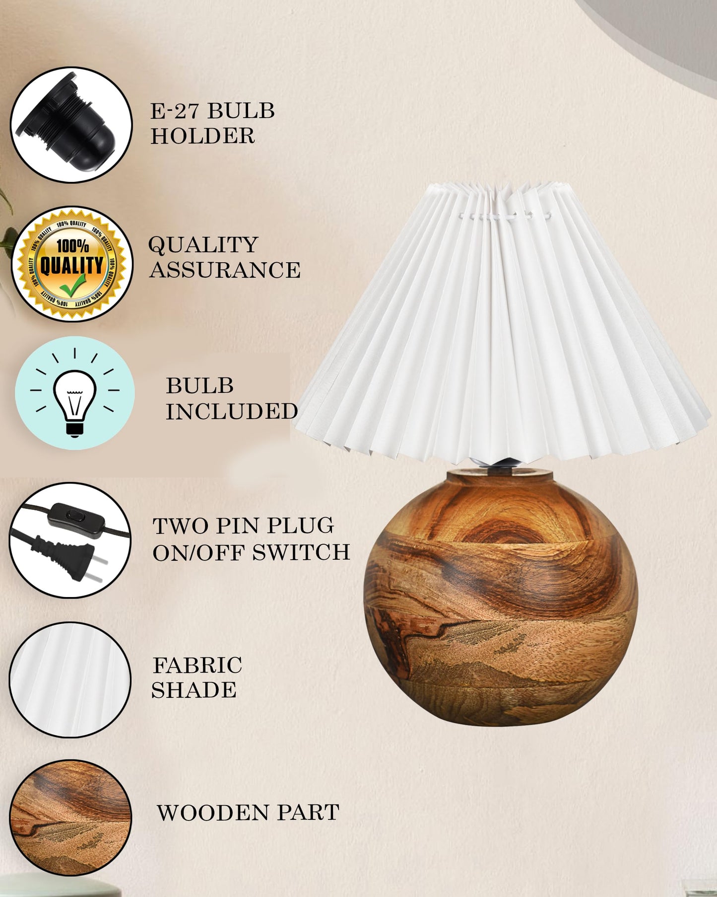 Round Wood Rustic Table Lamp for Bedroom, Living Room, Dining Room, Accent Table, Coffee Table, Nordic Fabric Shade, Pleated Jute
