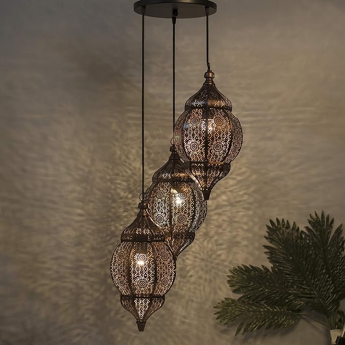 3-Lights Round Cluster Chandelier Ceiling Antique Classic Moroccan Orb Hanging Light with Braided Cord, URBAN Retro