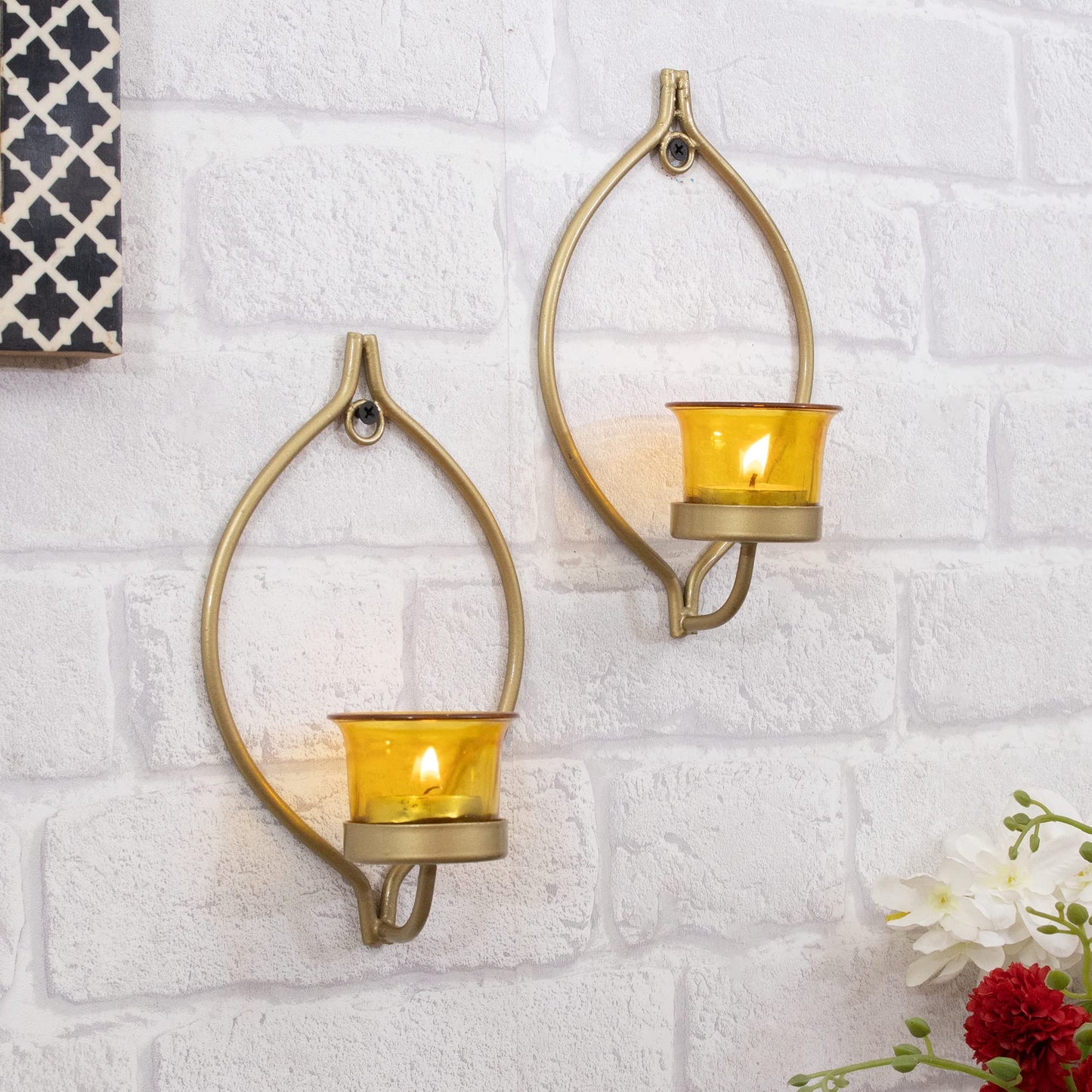 Set of 2 Decorative Golden Eye Wall Sconce/Candle Holder With Glass and Free T-light Candles