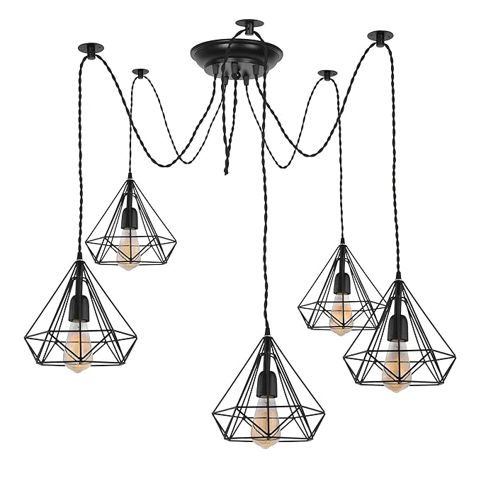 Spider Chandelier Diamond Lamp, Vintage Edison Style E 27 Adjustable DIY Ceiling Pendant Light, E27 Rustic Cluster Hanging Light(1.25 M, Black Twisted Wire)