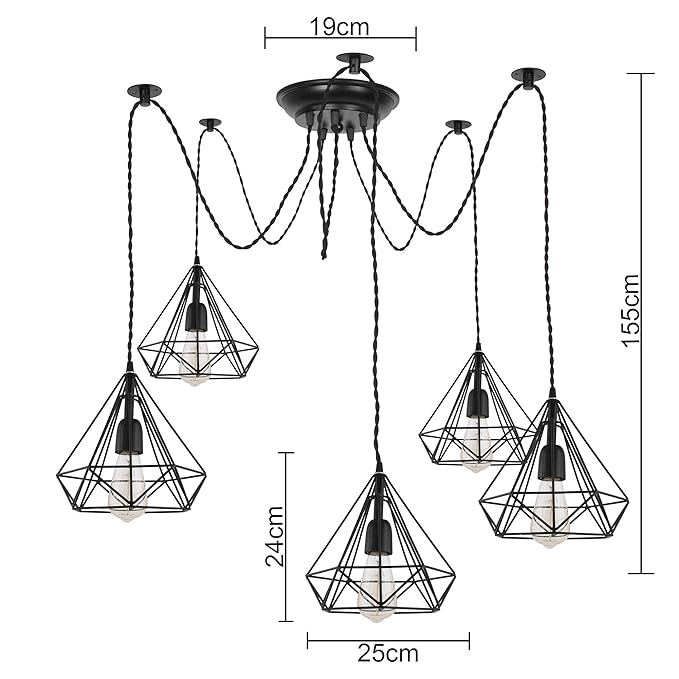 Spider Chandelier Diamond Lamp, Vintage Edison Style E 27 Adjustable DIY Ceiling Pendant Light, E27 Rustic Cluster Hanging Light(1.25 M, Black Twisted Wire)