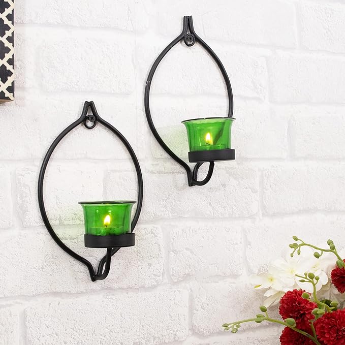Set of 2 Decorative Black Eye Wall Sconce/Candle Holder With Glass and Free T-light Candles