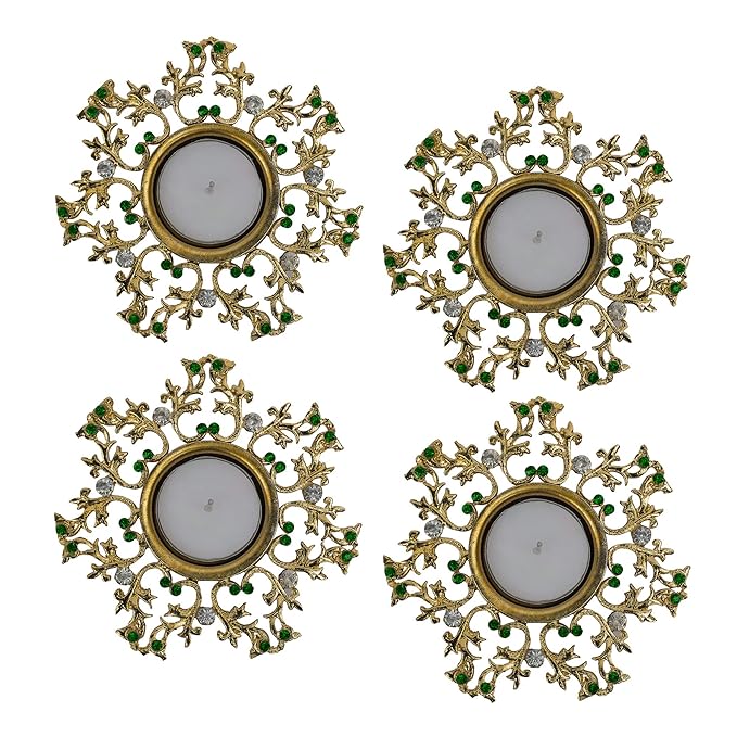 Crystal Floral Vine Tea Light Candle Holders, Decorative Diya for Wedding Coffee Table,Small 4" Dia