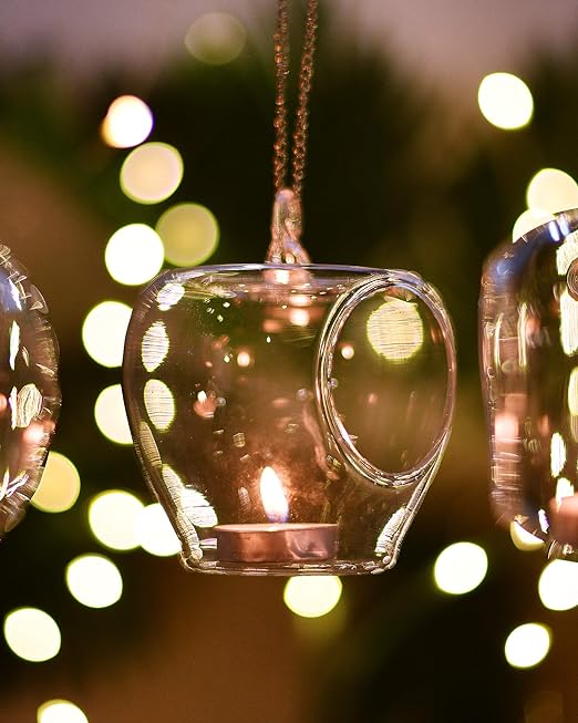 Glass Apple borosil, Tea Light, Hanging candles, Planters for Indoor and Outdoor Decoration pots for Plants Home Decor, with metal hanging chain, set of 4