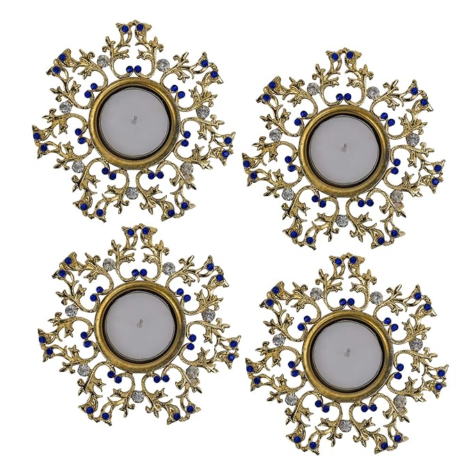 Crystal Floral Vine Tea Light Candle Holders, Decorative Diya for Wedding Coffee Table,Small 4" Dia