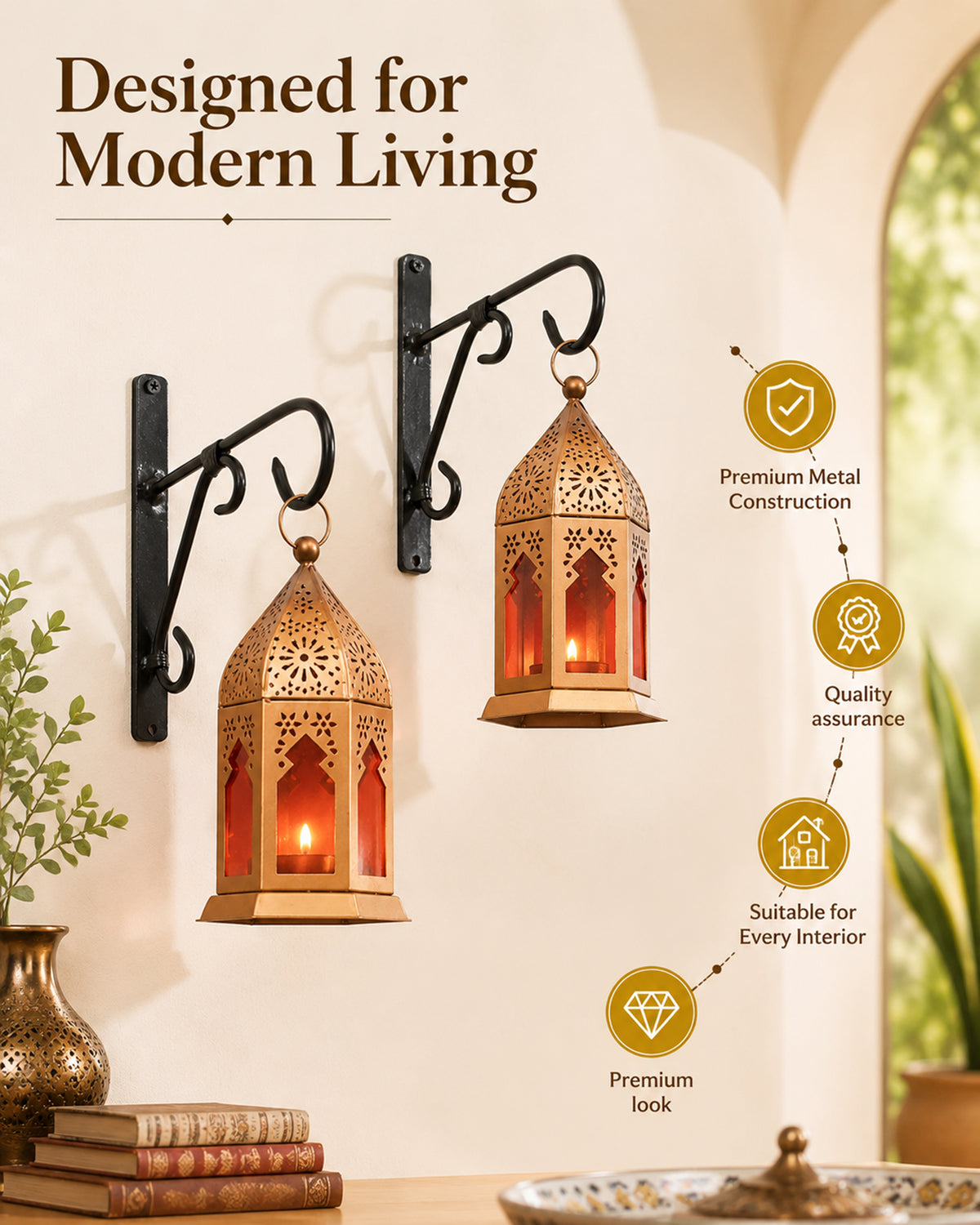 Wall Metal Decorative Antique Copper Finish Moroccan Lantern Candle Holder, Set of 2, Tealight Hanging Home Office Decor with Wall Hook