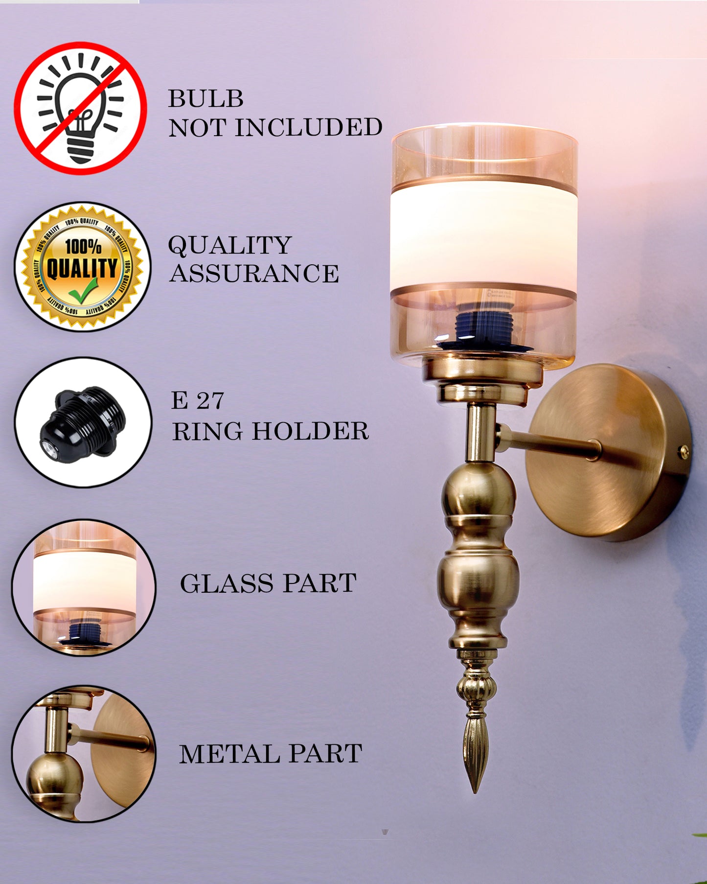 Mid-Century Modern Metal and Glass Wall Light, Brushed Gold, Lamp Fixture for Bedroom Vanity Bathroom Hotel, Wall Scone Torch