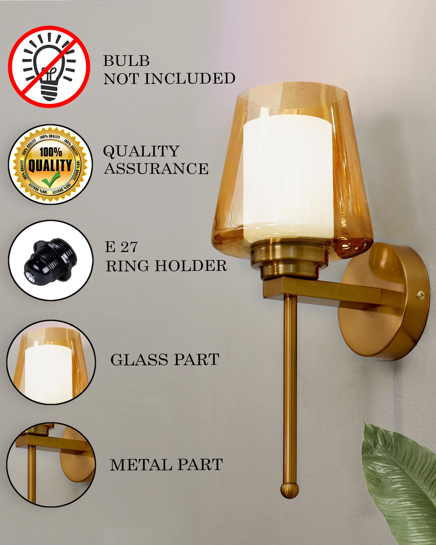 Mid-Century Modern Metal and Glass Wall Light, Brushed Gold, Lamp Fixture for Bedroom Vanity Bathroom Hotel, Wall Scone Torch
