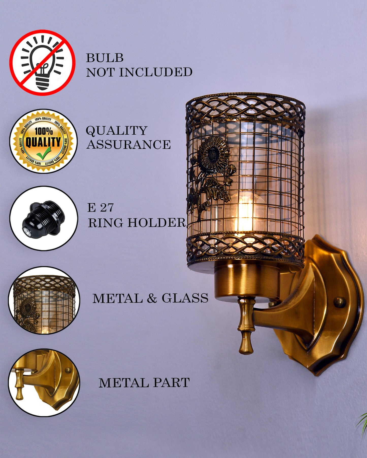 Mid-Century Modern Metal and Glass Wall Light, Brushed Gold, Lamp Fixture for Bedroom Vanity Bathroom Hotel, Wall Scone Torch