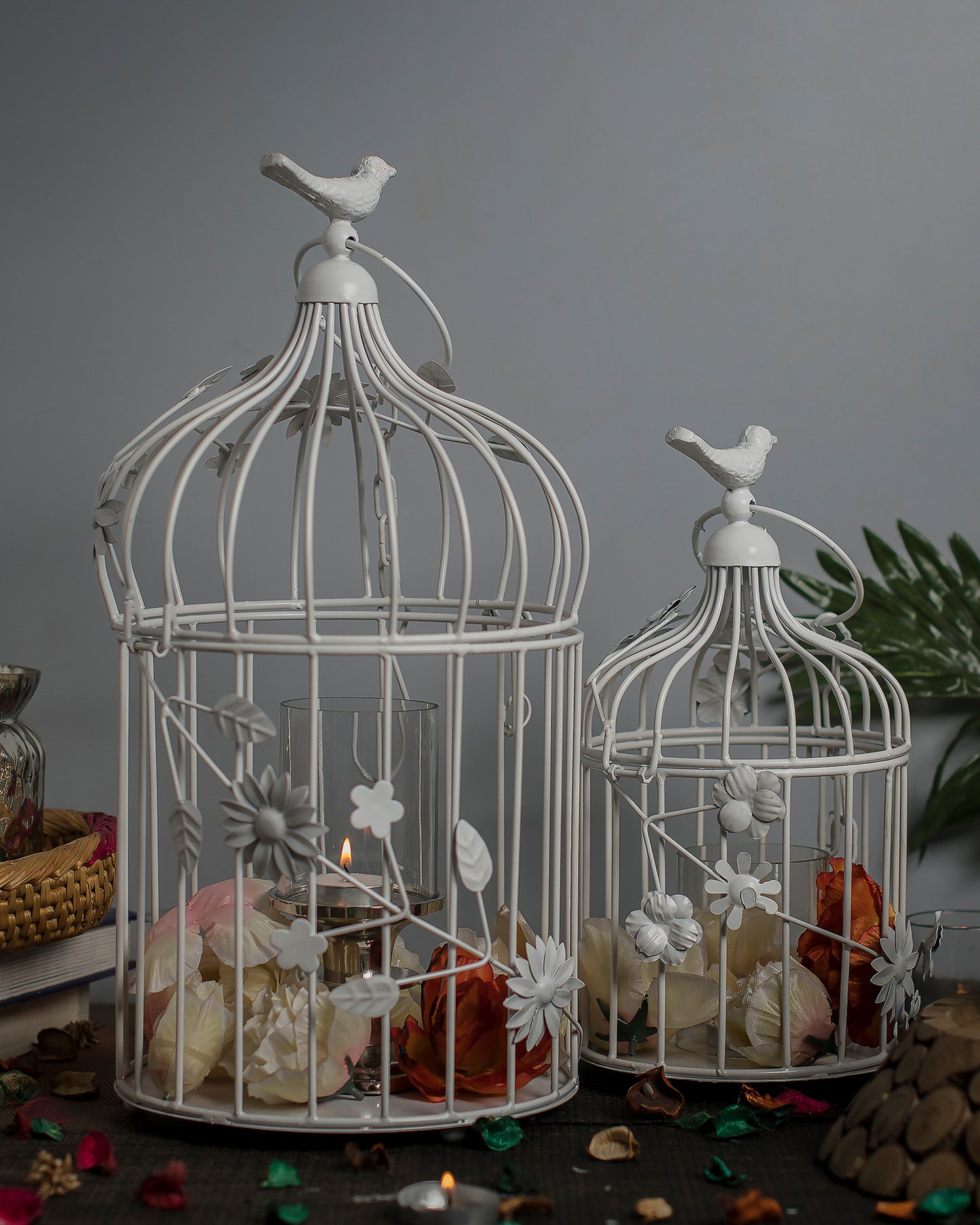 White Bird Cage with Floral Vine (Set of 2), with hanging chain
