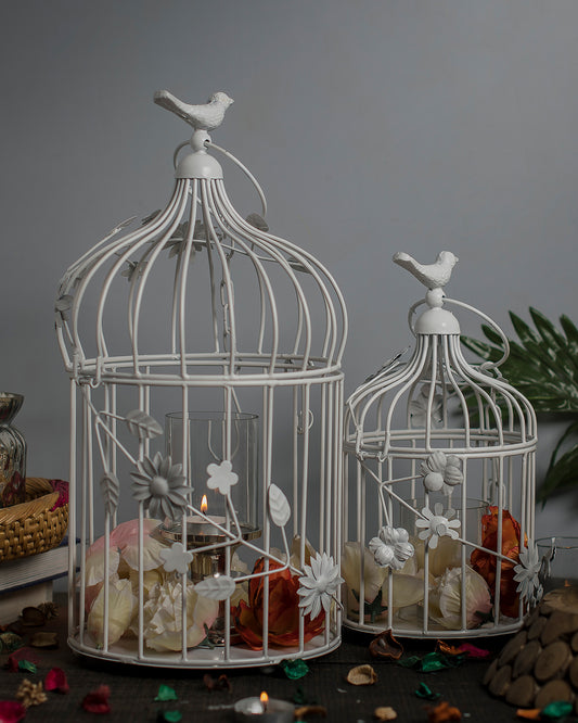White Bird Cage with Floral Vine (Set of 2), with hanging chain