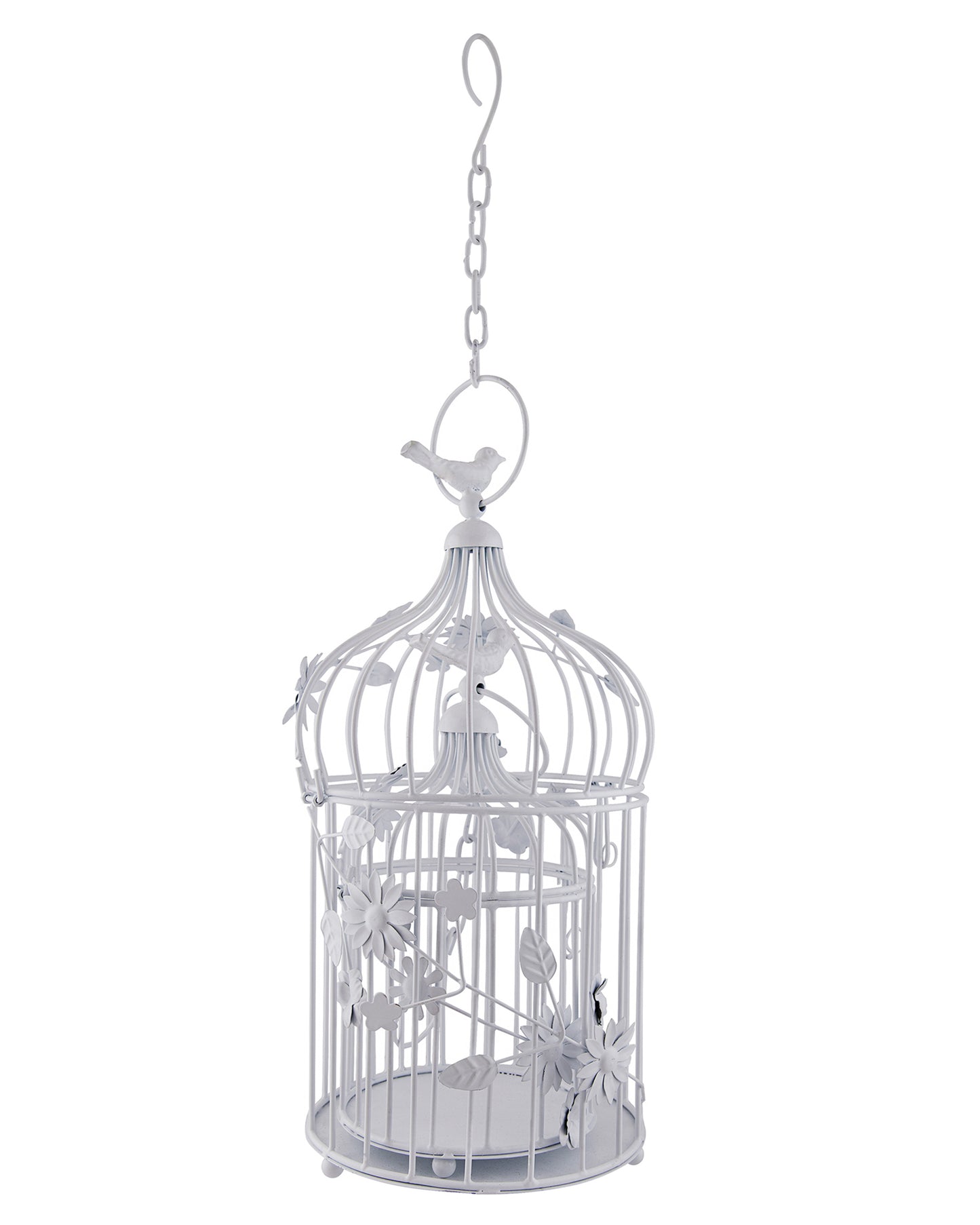 White Bird Cage with Floral Vine (Set of 2), with hanging chain