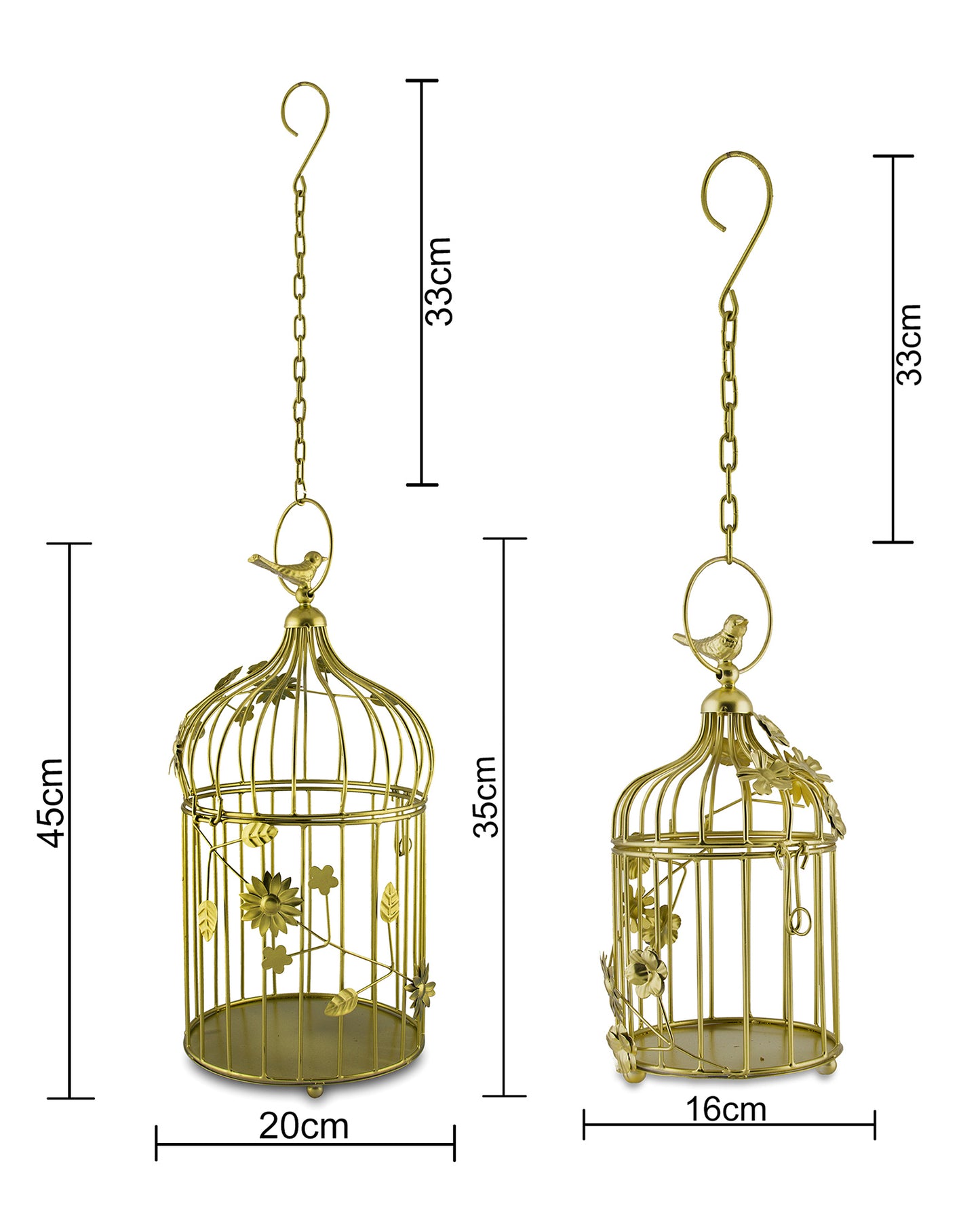 White Bird Cage with Floral Vine (Set of 2), with hanging chain