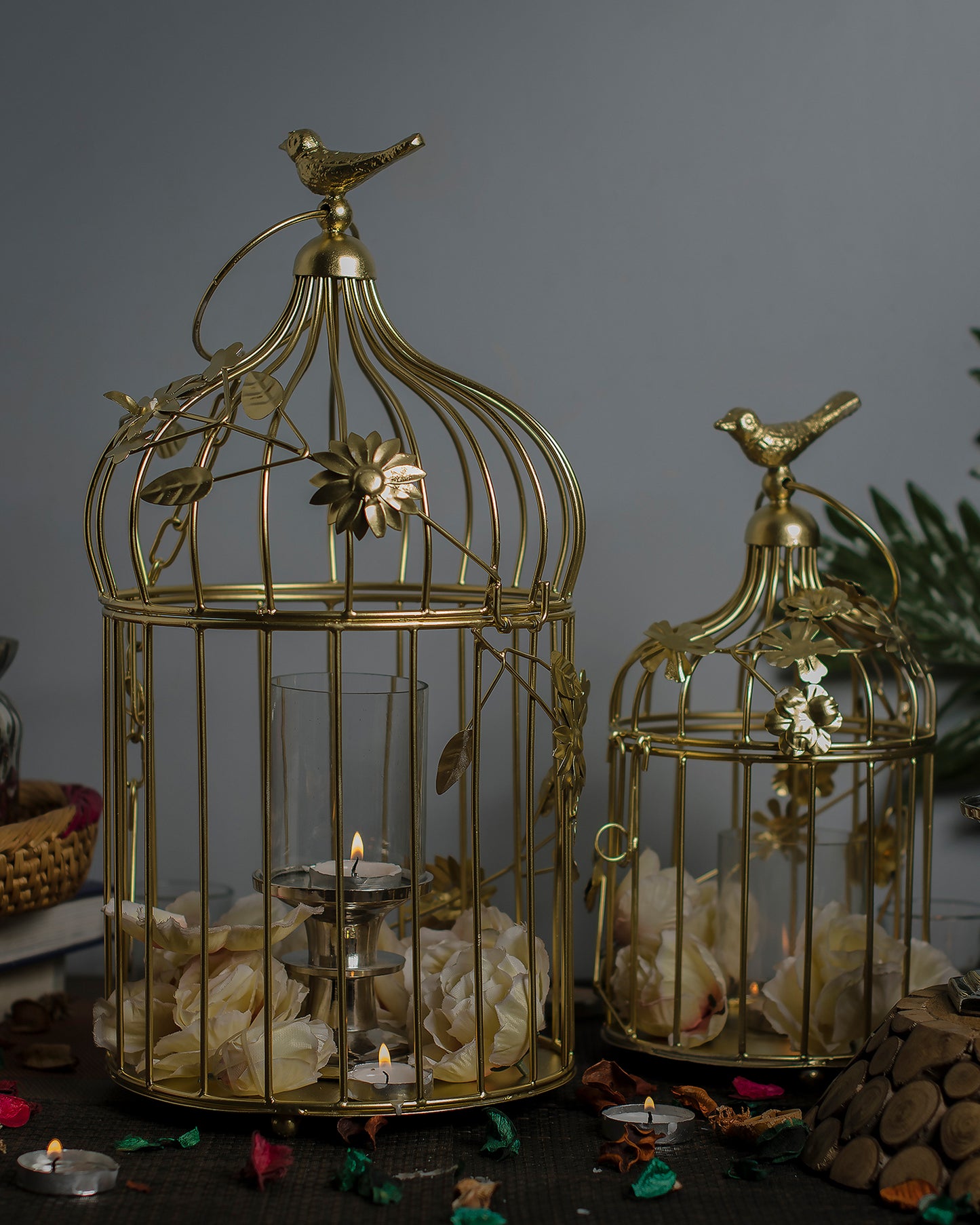 White Bird Cage with Floral Vine (Set of 2), with hanging chain