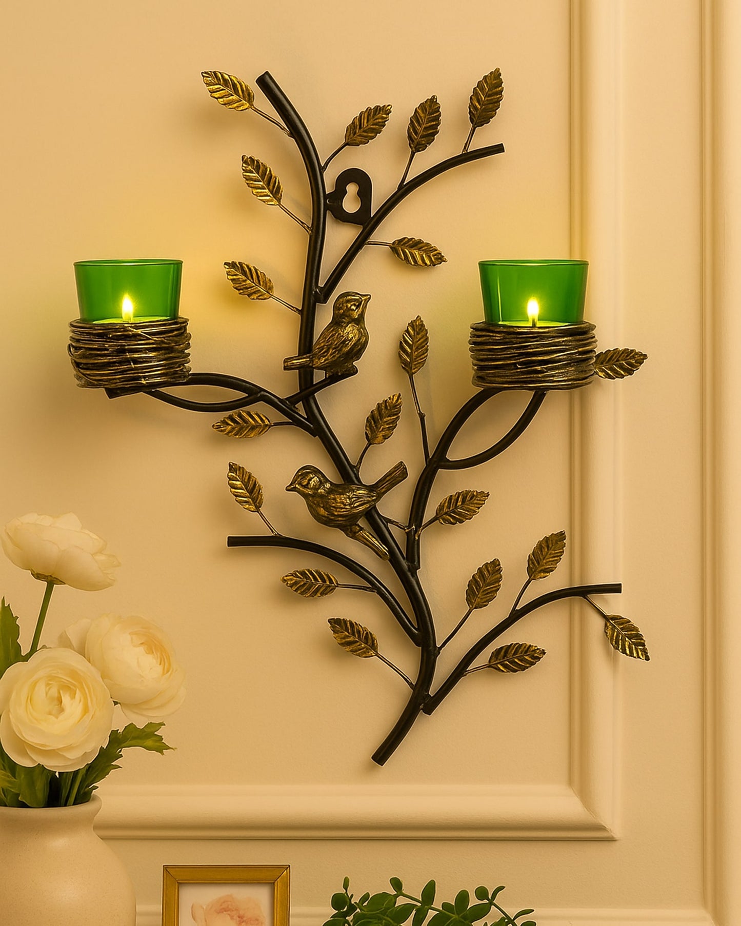 Tree with Bird Nest Votive Stand Blue, Wall Candle holder and Tealight candles