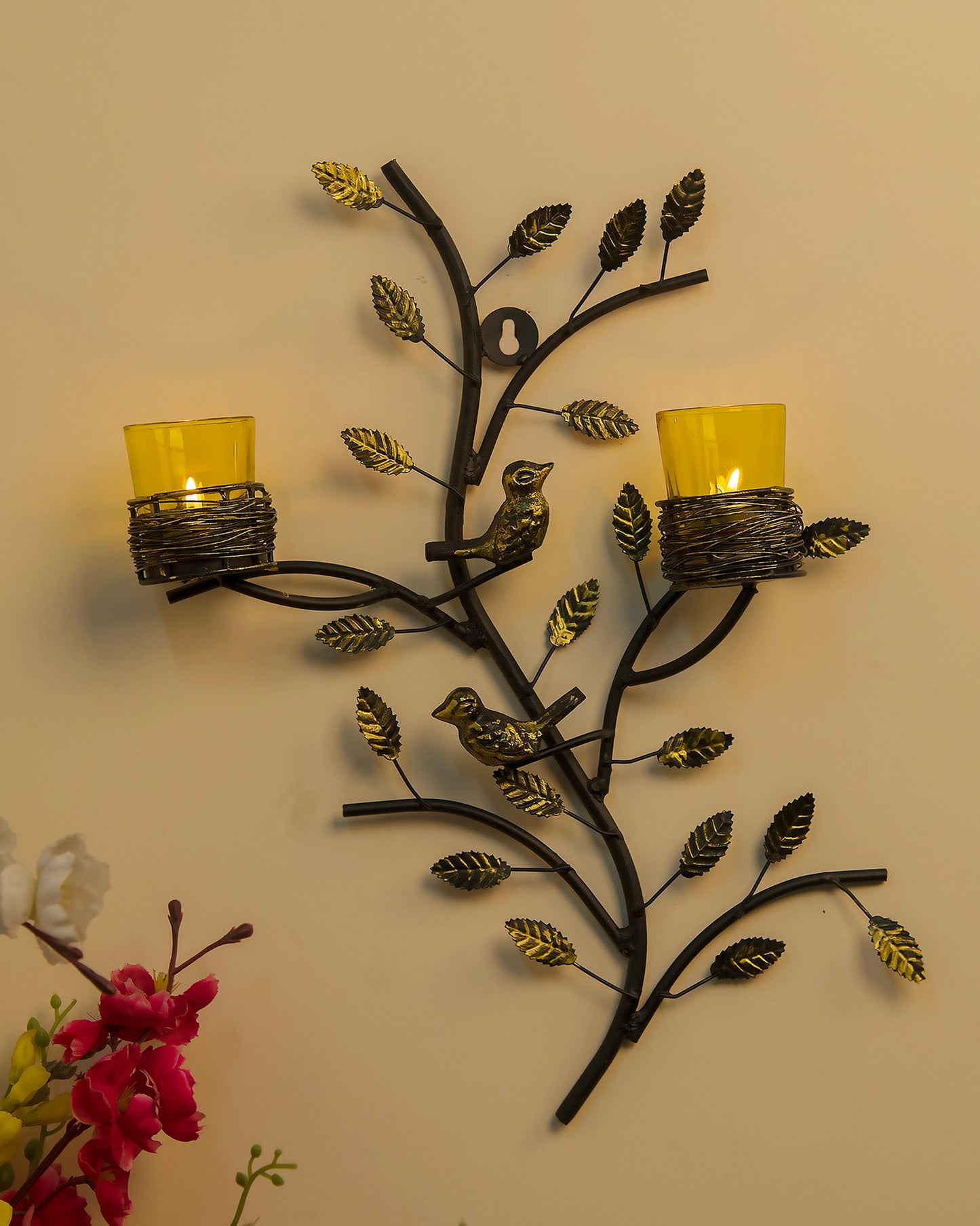 Tree with Bird Nest Votive Stand Blue, Wall Candle holder and Tealight candles