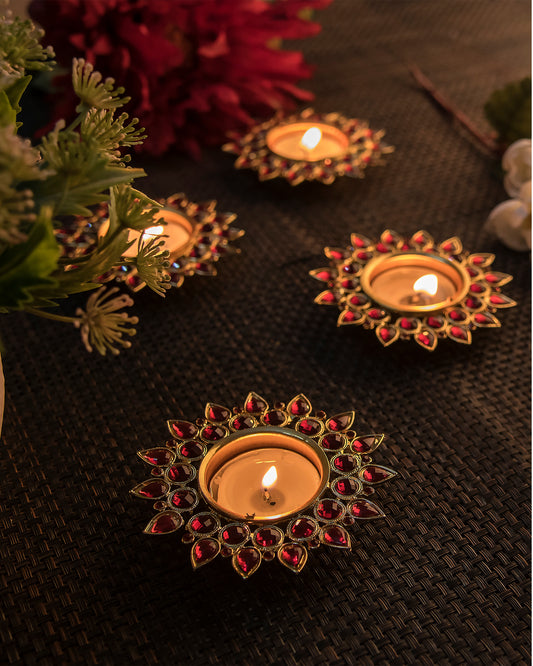 Crystal Diya with T-Light- Set of Four,candle holder stand with free candle