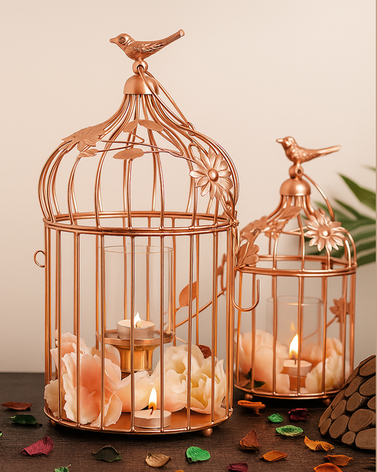 Copper Bird Cage with Floral Vine (Set of 2), with Hanging Chain