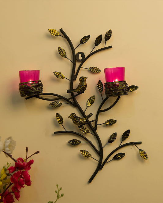 Tree with Bird Nest Votive Stand Pink, Wall Candle holder and Tealight candles