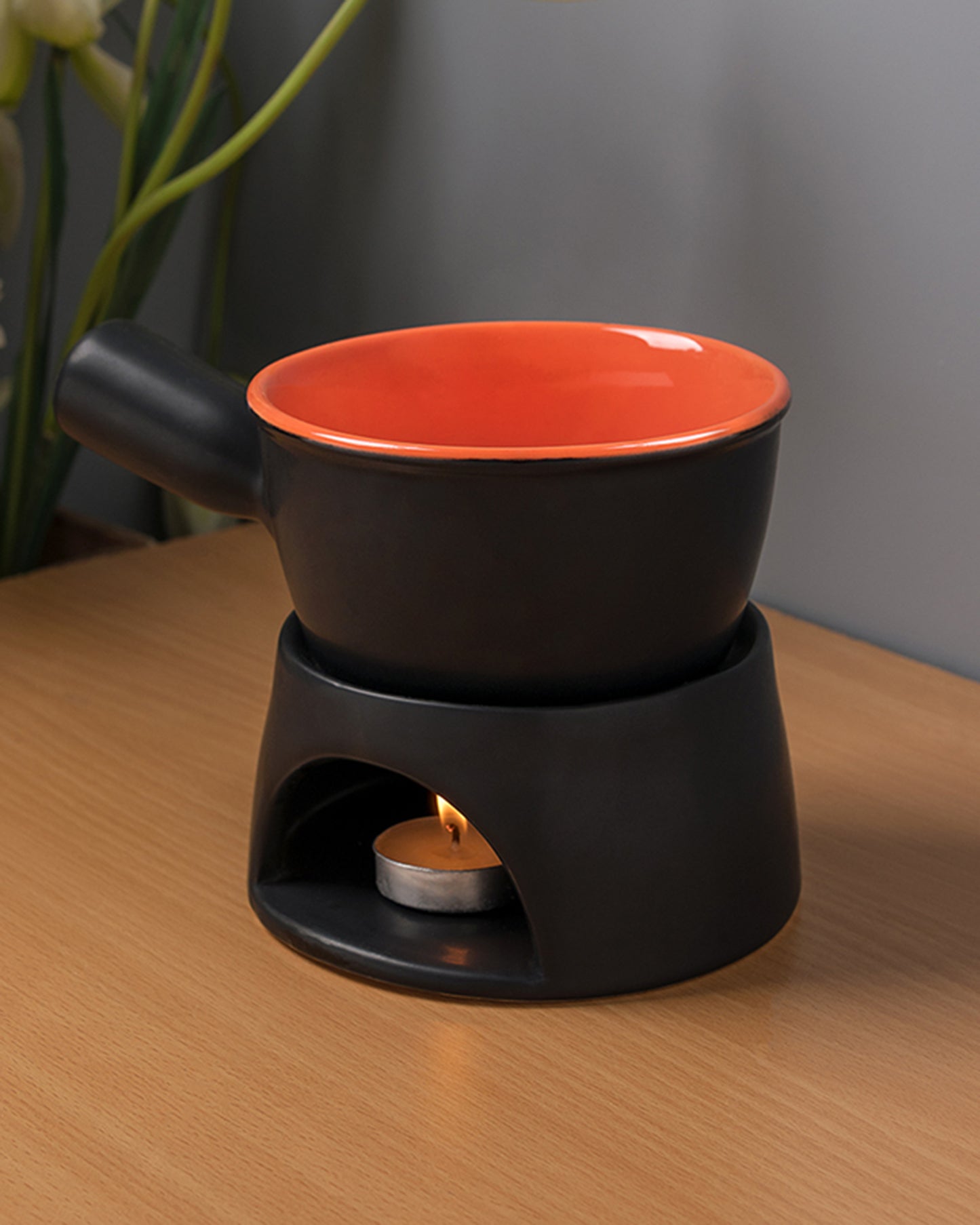 Ceramic Fondue Burner Black and Orange