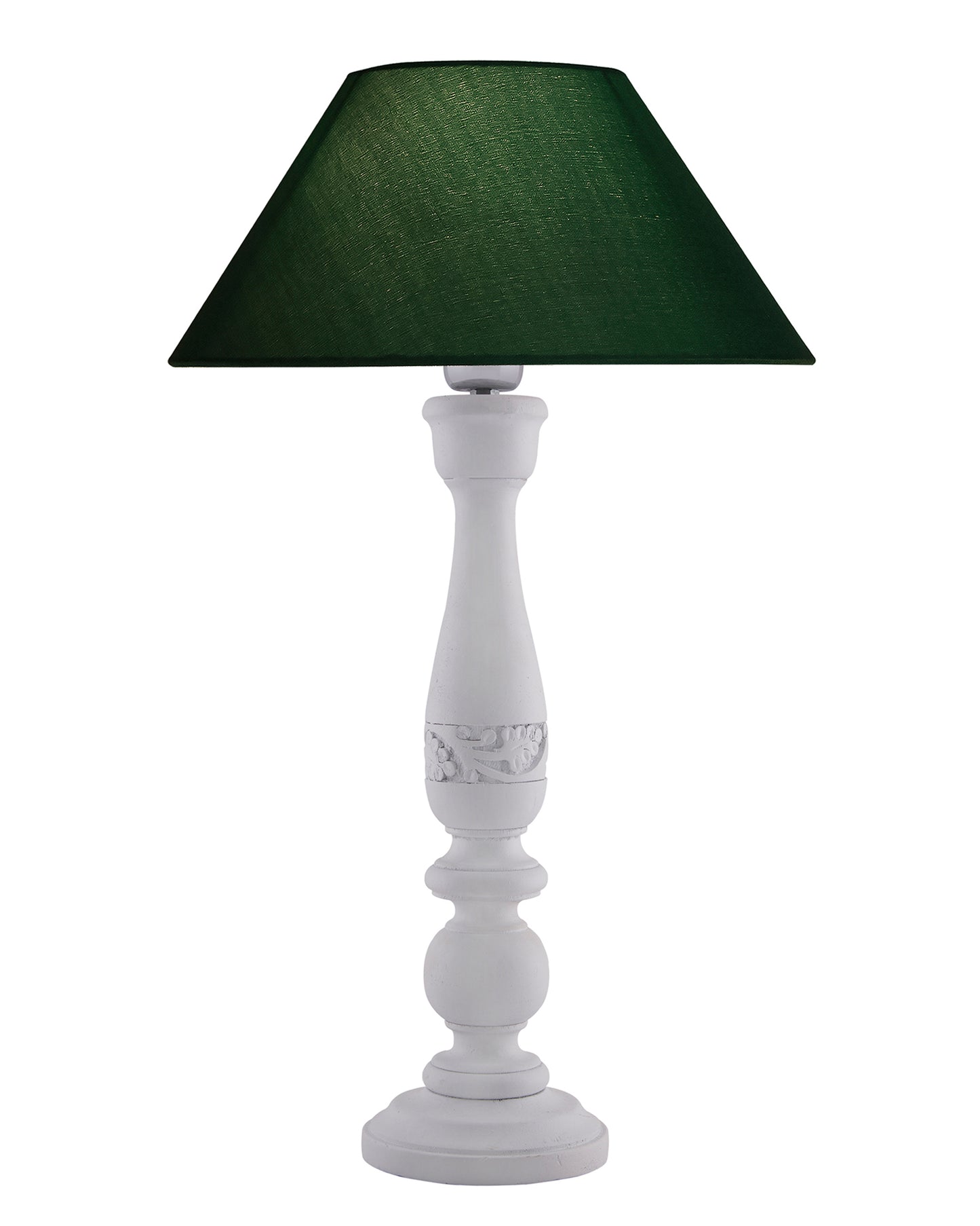 Floral Carved White Wood Table Lamp With Blue Shade