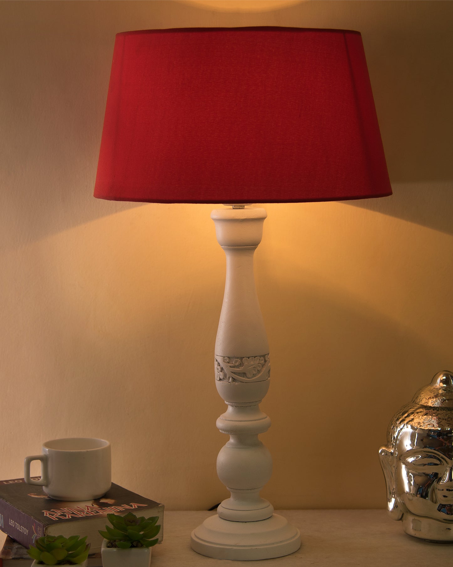 Floral Carved White Wood Table Lamp With Blue Shade
