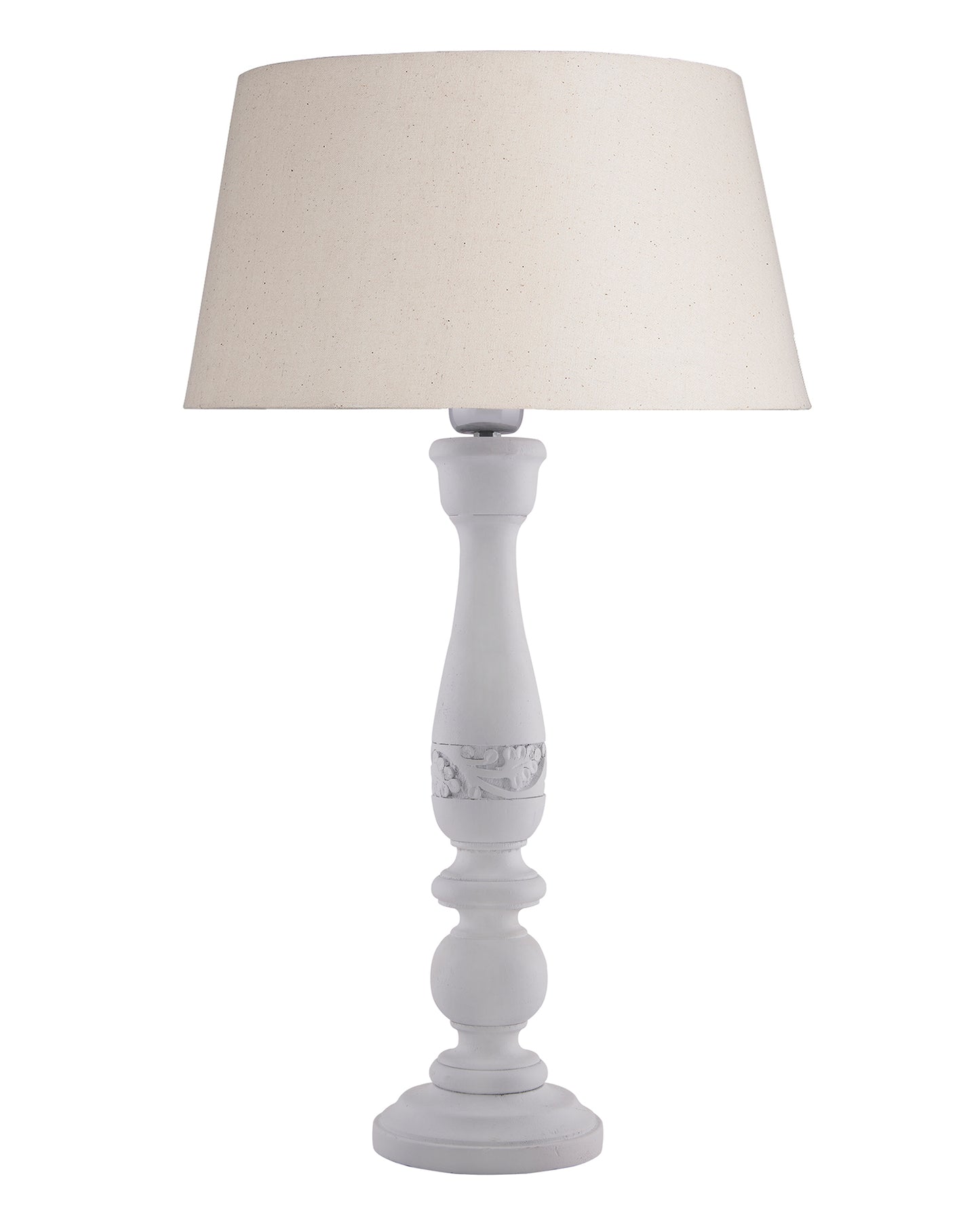 Floral Carved White Wood Table Lamp With Blue Shade