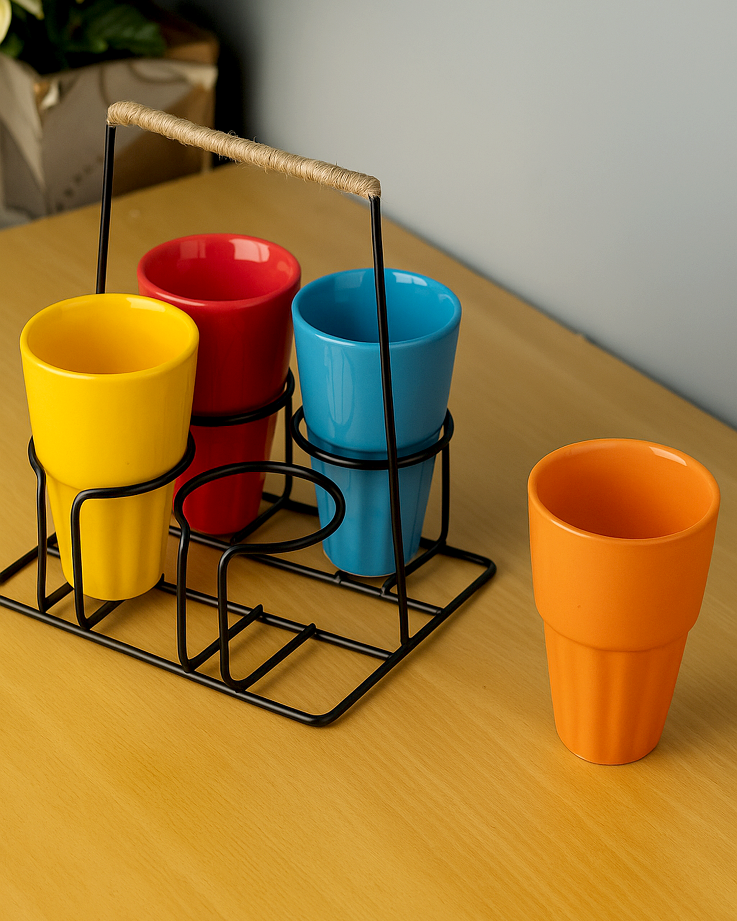Chai Glass With Stand, Ceramic Chai Glass (4 Glasses), Multicolour