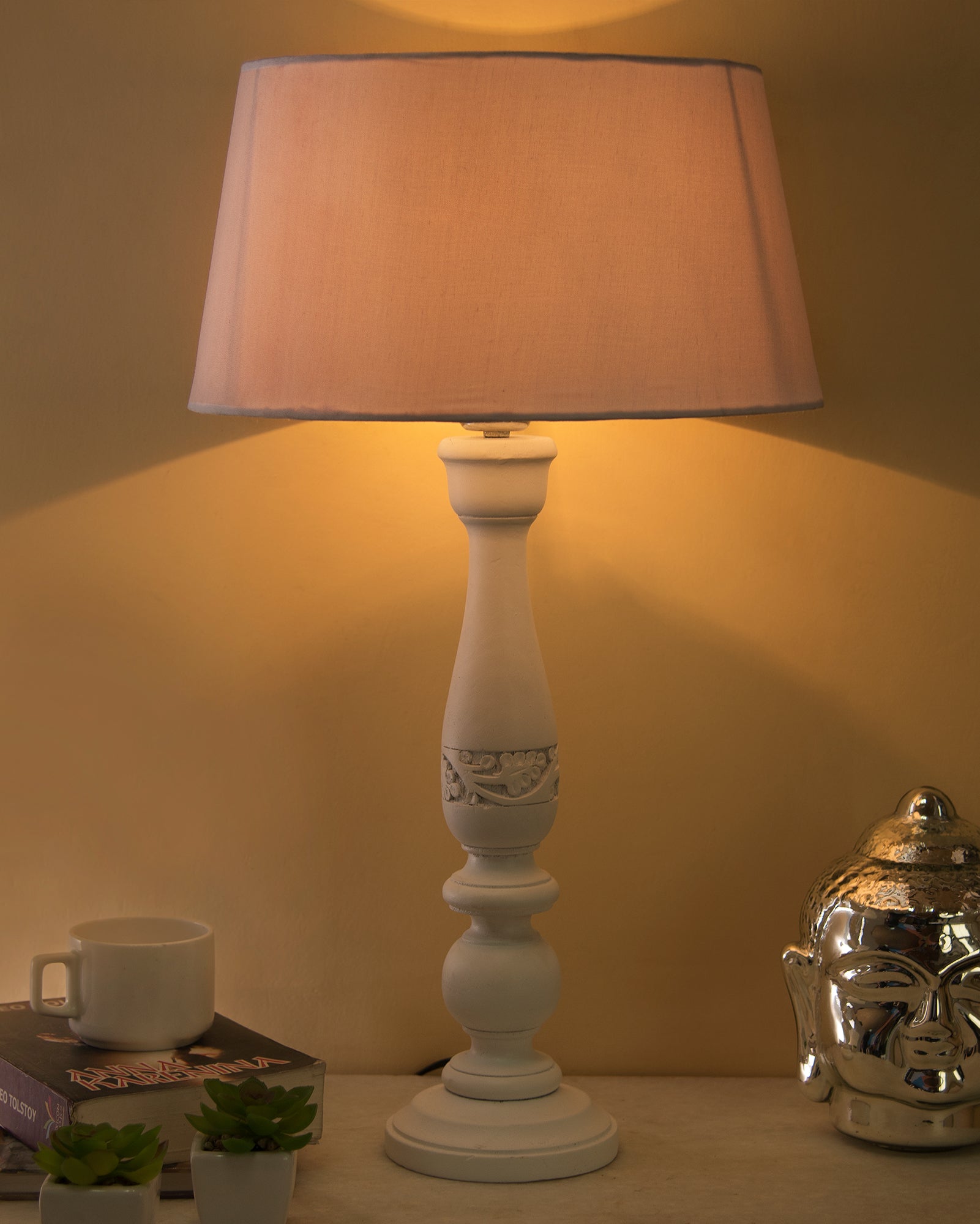 Floral Carved White Wood Table Lamp With White Drum Shade – Homesake.in