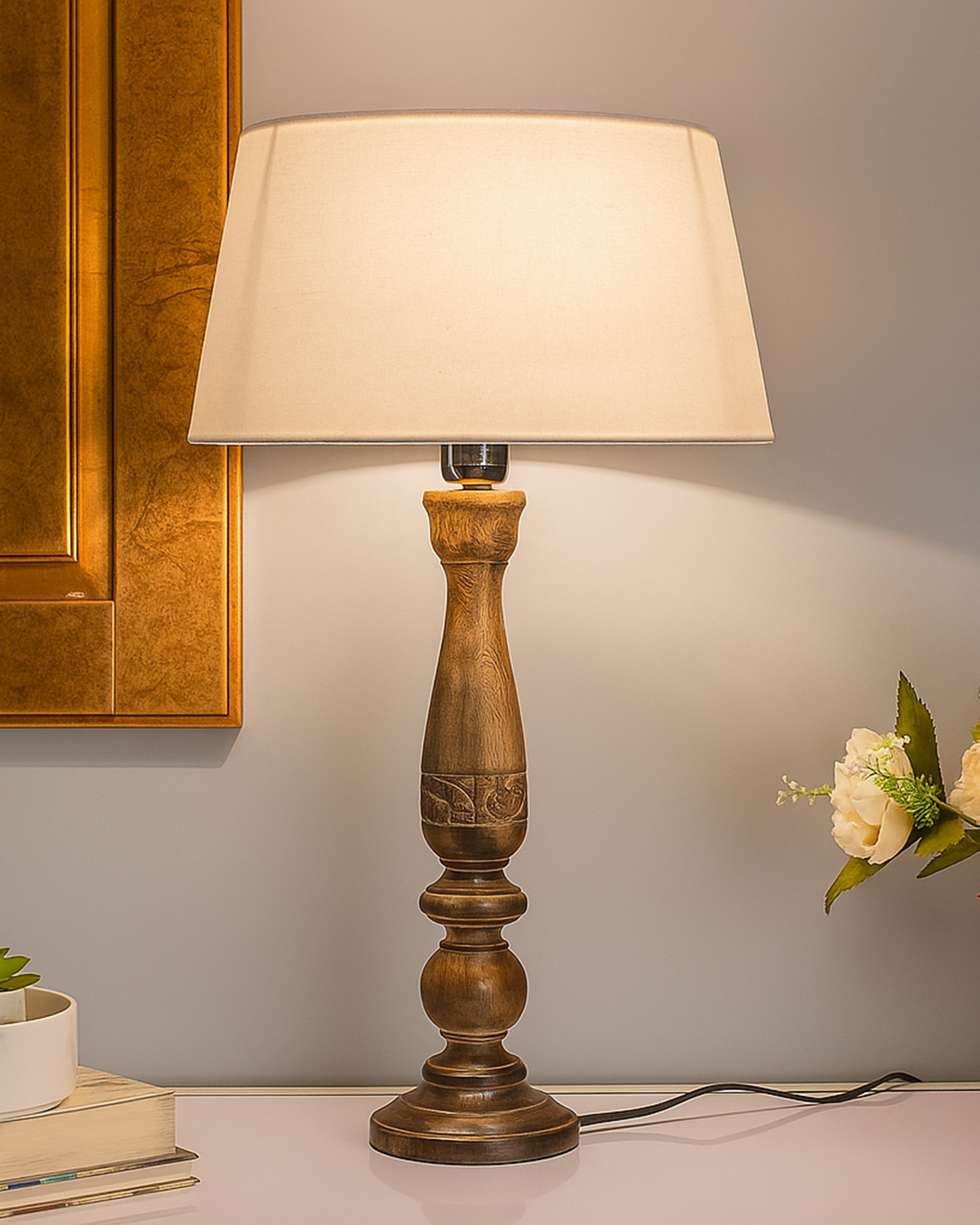 Floral Carved Black Wood Table Lamp With Drum Shade