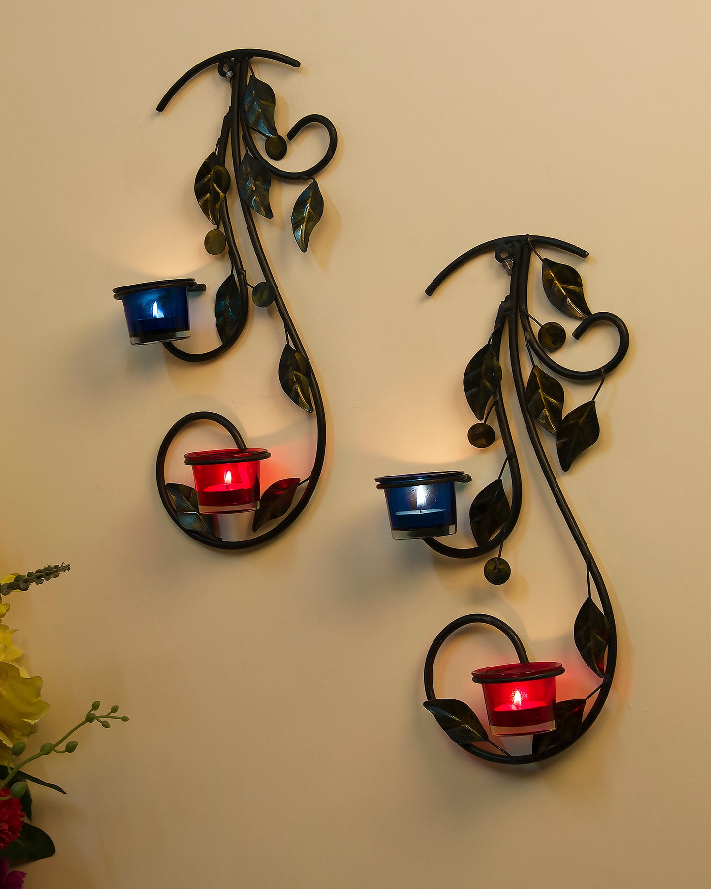 Wall Hanging leafy vine candle stand, Wall Sconce with Glass and candles