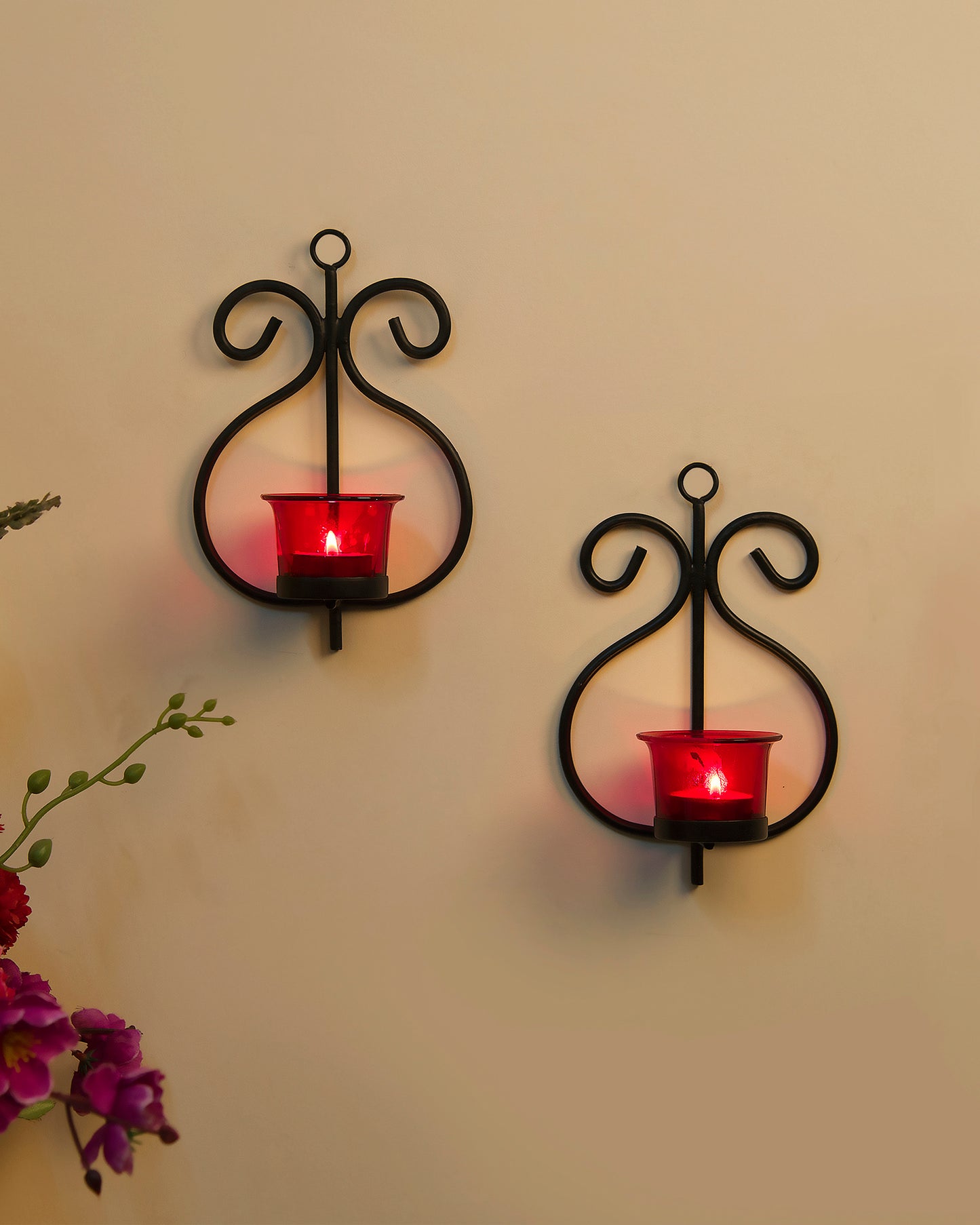 Set of 2 Decorative Wall Sconce/Candle Holder With Glass and Free T-light Candles