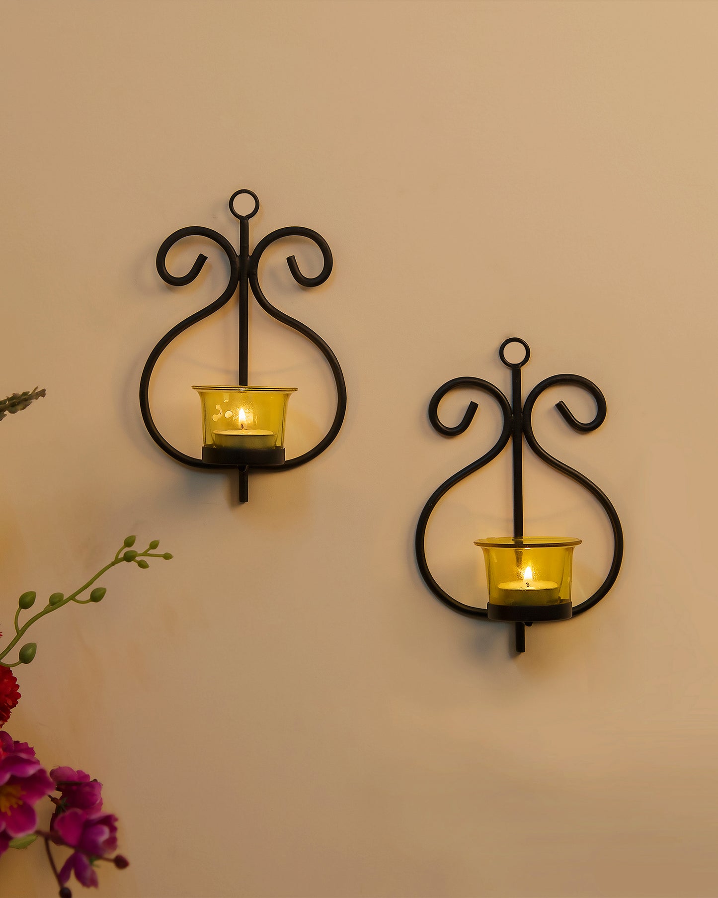 Set of 2 Decorative Wall Sconce/Candle Holder With Glass and Free T-light Candles