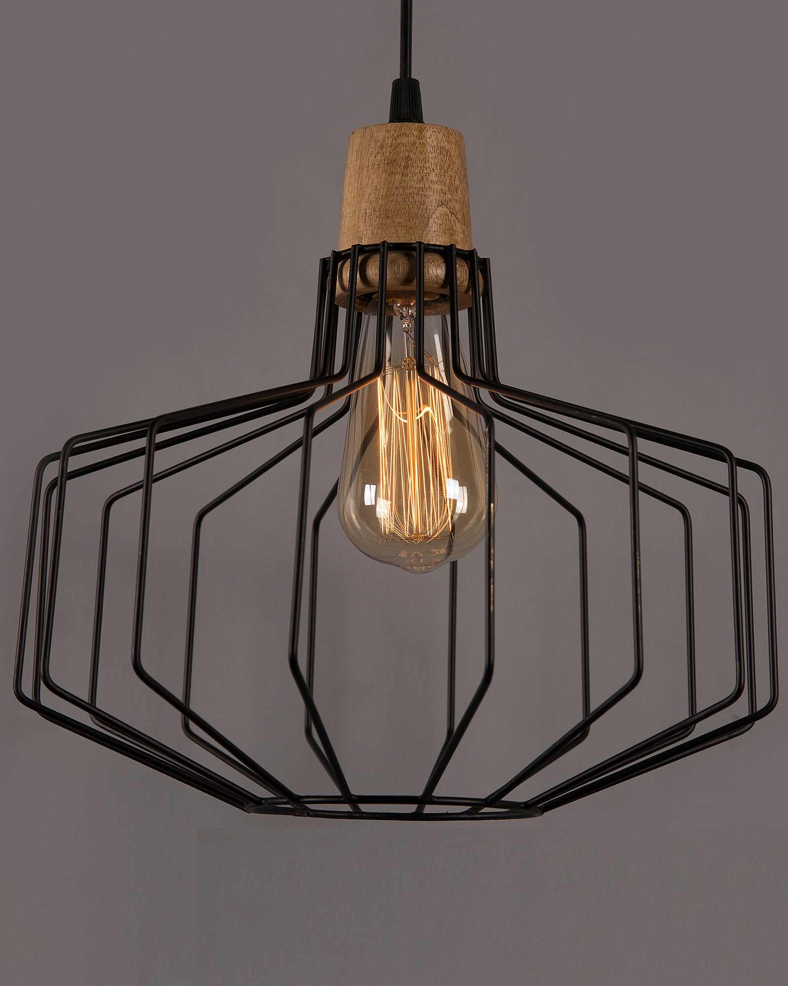Industrial Loft Black Metal Cage Wood Art Pendant, Hanging Ceiling