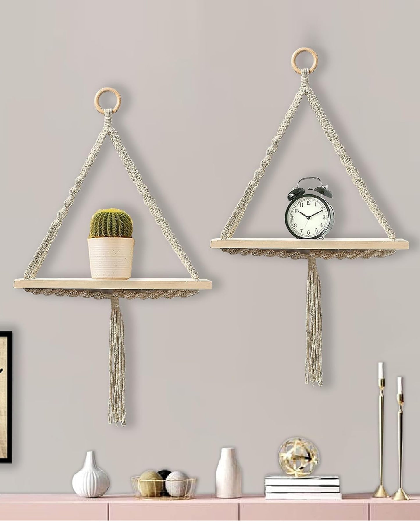 Triangle Rope Hanging Shelves Set of 2, Wood Floating Shelf for Wall Décor Bedroom Bathroom Living Room, Display Shelving for Hanging Plants Photos