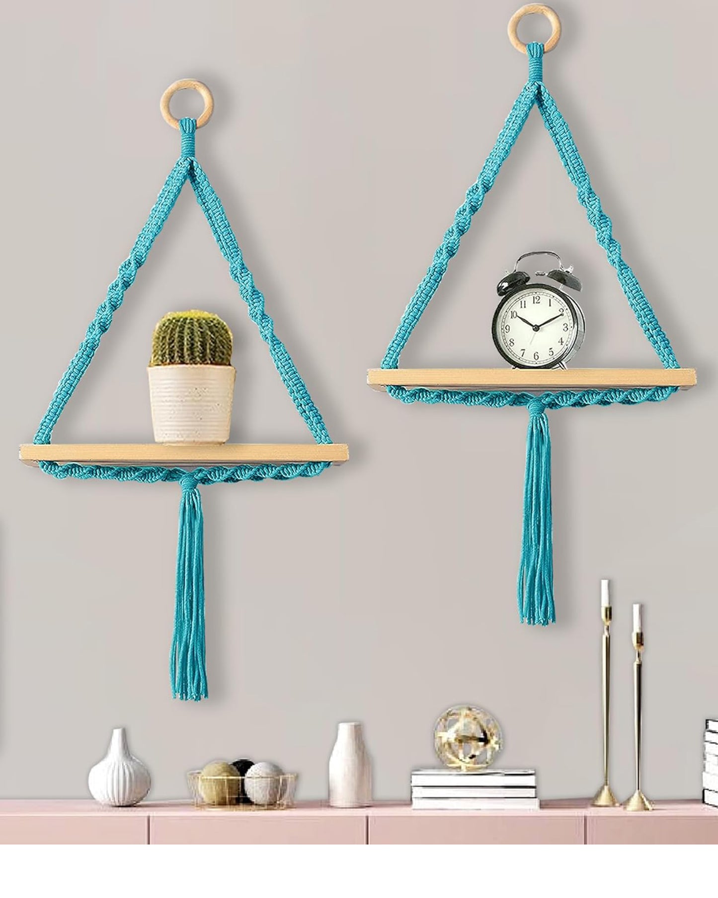 Triangle Rope Hanging Shelves Set of 2, Wood Floating Shelf for Wall Décor Bedroom Bathroom Living Room, Display Shelving for Hanging Plants Photos