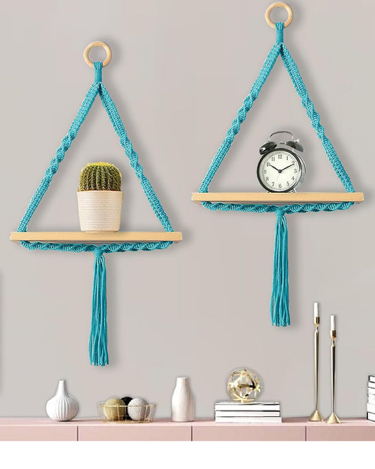 Triangle Rope Hanging Shelves Set of 2, Wood Floating Shelf for Wall Décor Bedroom Bathroom Living Room, Display Shelving for Hanging Plants Photos