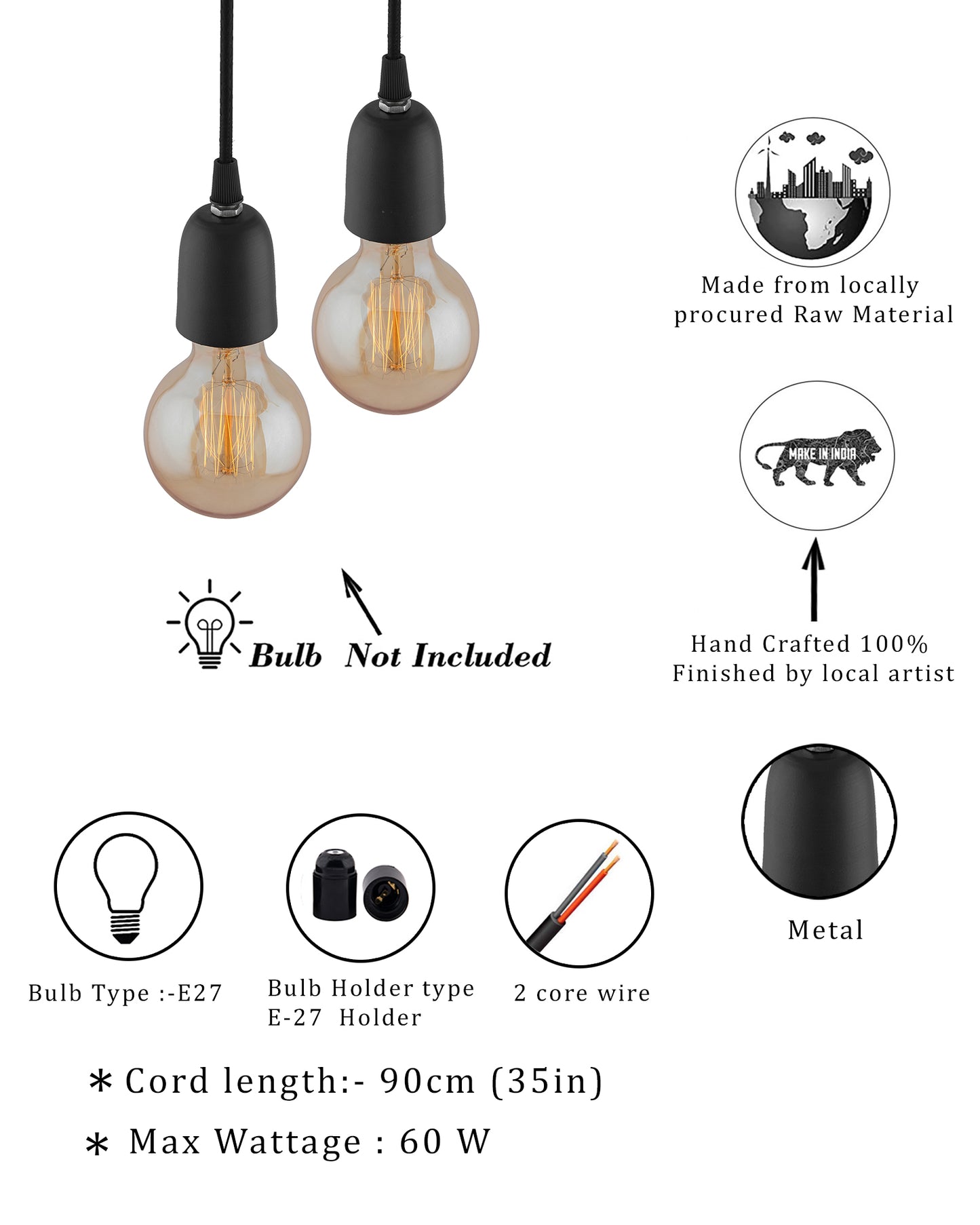 Edison Filament Matt Black Bulb Holder, Urban, retro, nordic style, with fixture, Set of 2