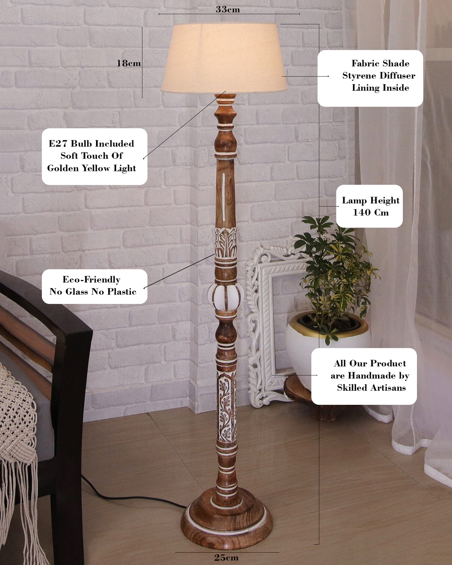 Royal Carving Antique white finish wooden floor lamp with Beige Fabric Lamp Shade