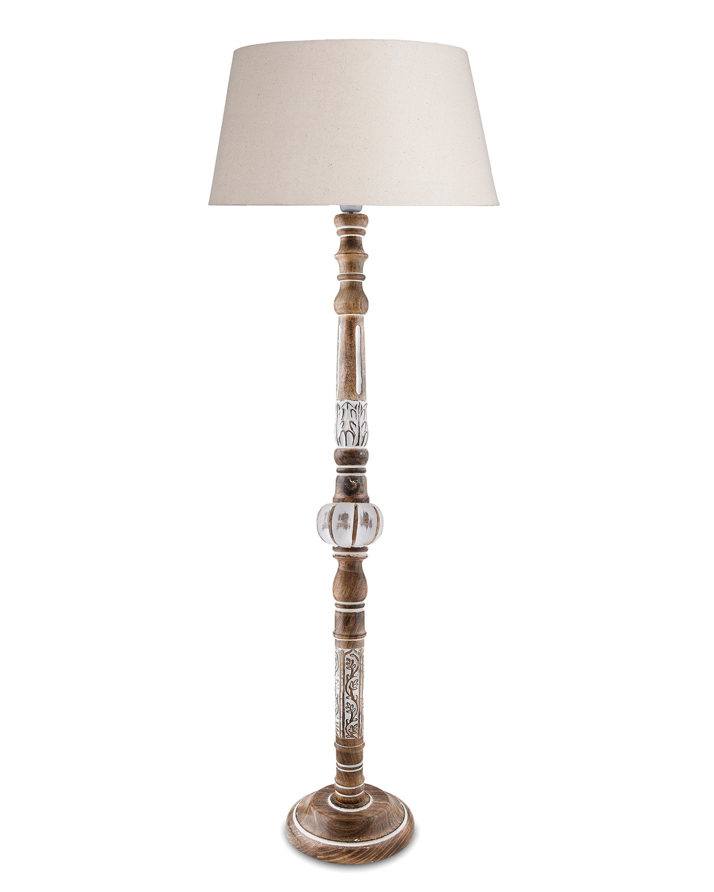 Royal Carving Antique white finish wooden floor lamp with Beige Fabric Lamp Shade