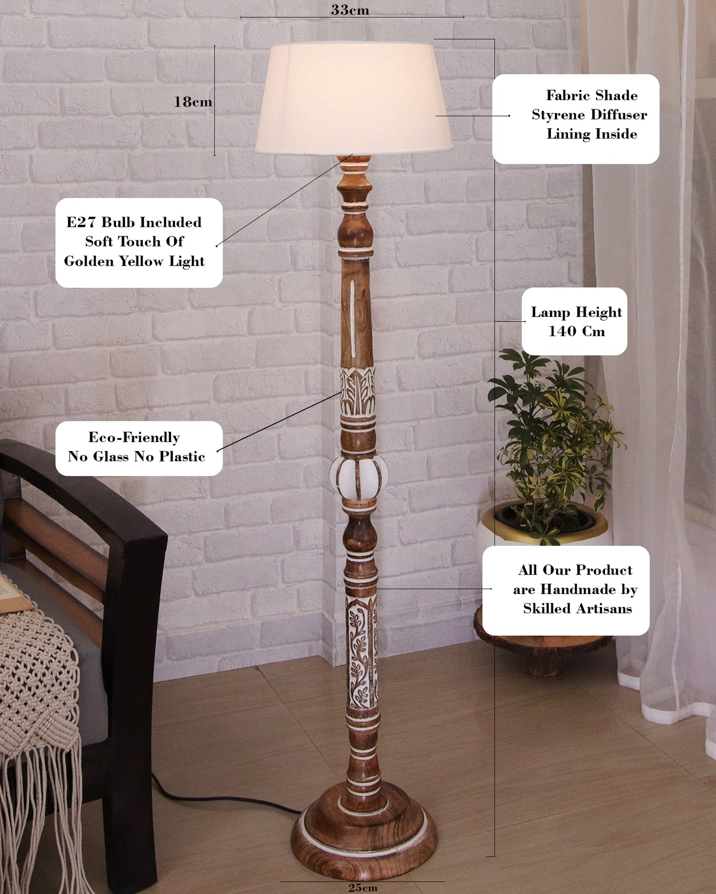 Royal Carving Antique white finish wooden floor lamp with Beige Fabric Lamp Shade