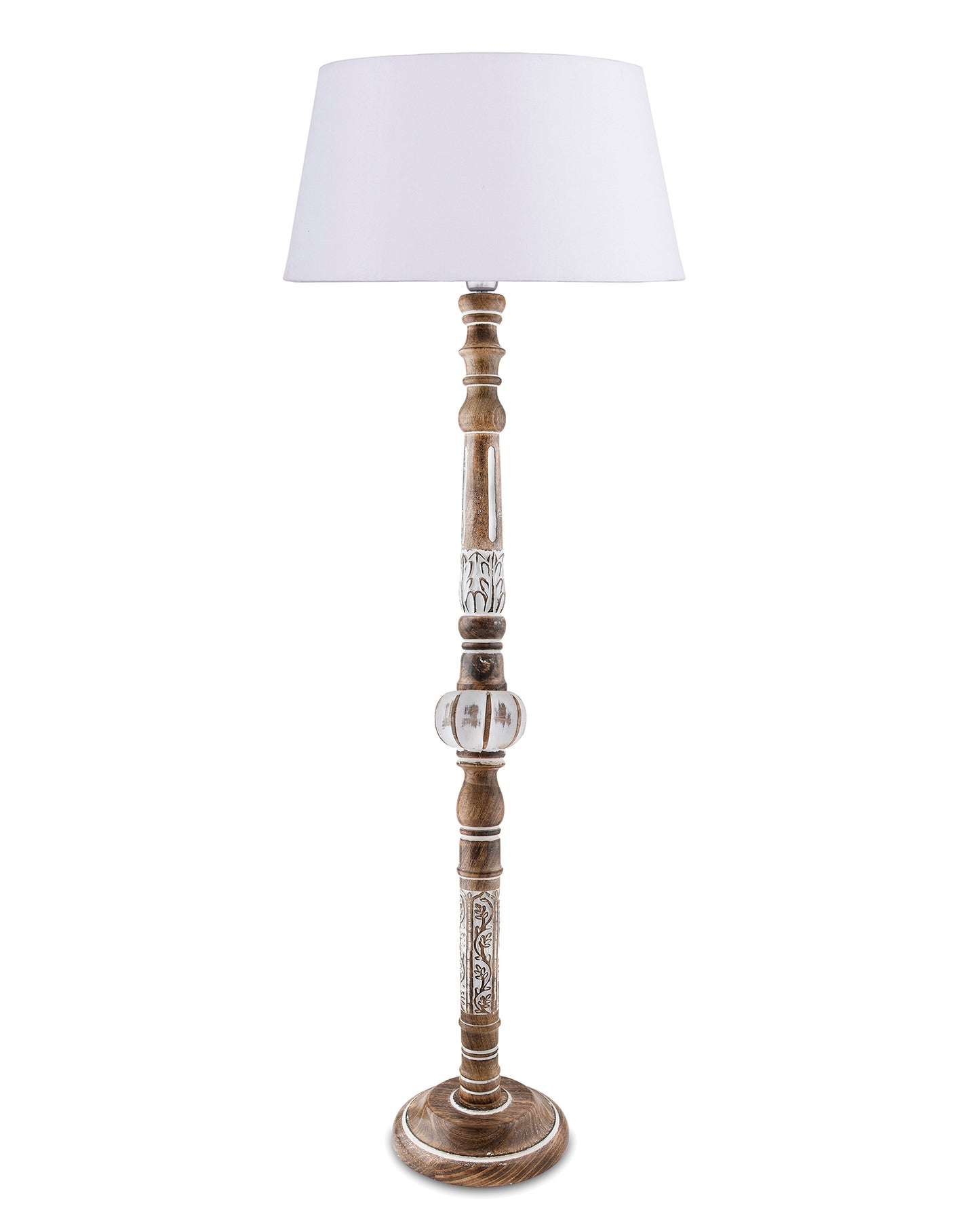 Royal Carving Antique white finish wooden floor lamp with Beige Fabric Lamp Shade